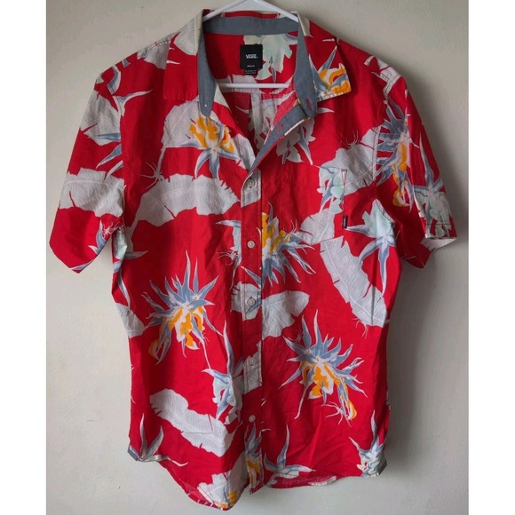 VANS Arachinofloria Buttondown Short Sleeve Classic Fit Mens Shirt Sz M Red/Gray - Picture 1 of 7
